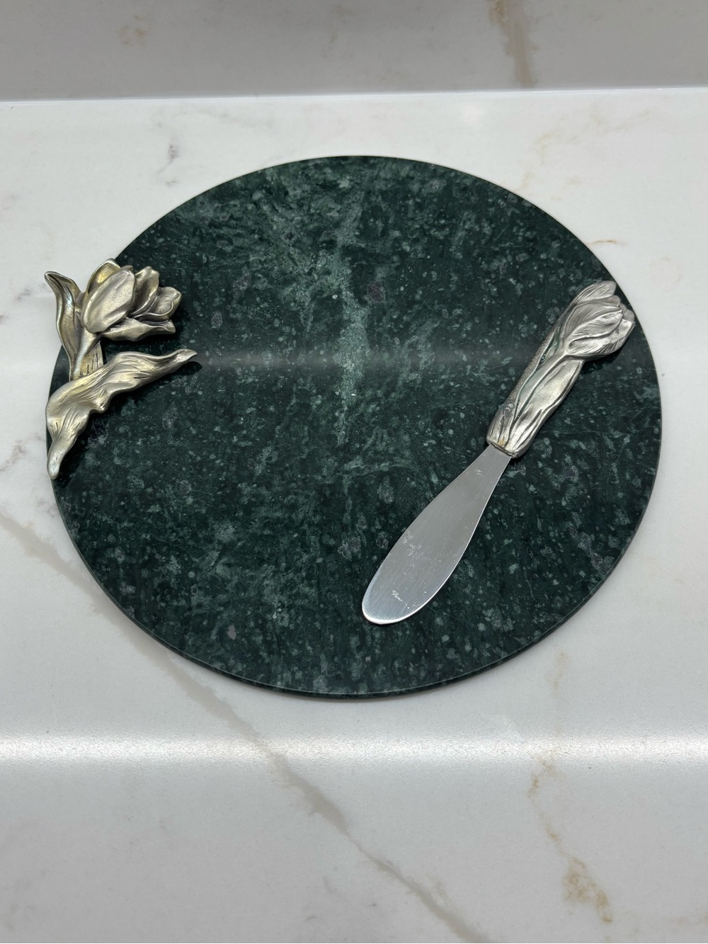 Vintage Seagull Pewter Tulip on Marble Cheese Board with Tulip Handled Knife 90s